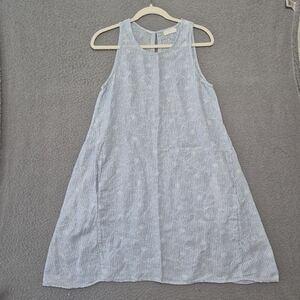 CP Shades Women's Blue White Stripe Floral Detail 100% Linen Sleeveless Dress XS